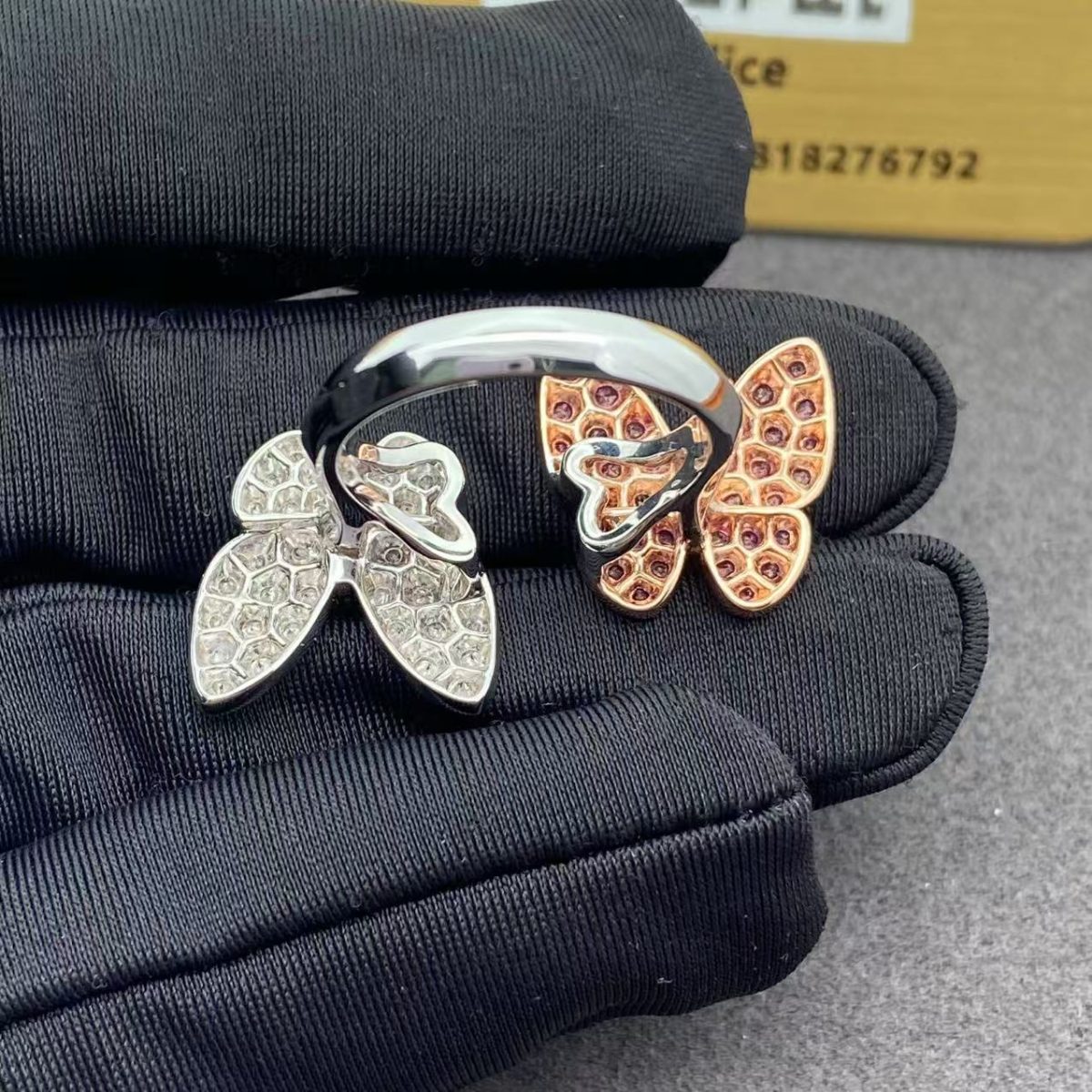 Van Cleef Arpels Double Butterfly Ring 18k White Gold Pink Gold Diamonds Copy