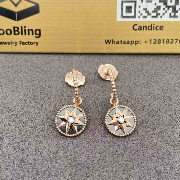 18K Pink Gold Dior Rose des Vents Earrings Diamonds Onyx