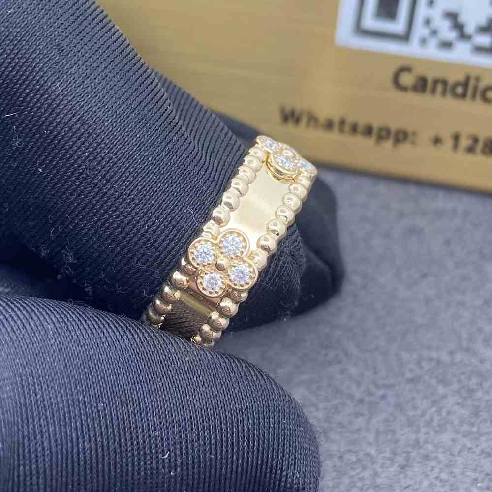 18K Yellow Gold Van Cleef Arpels Diamond Perlee Sweet Clovers Ring (2) 18K Yellow Gold Van Cleef Arpels Diamond Perlee Sweet Clovers Ring