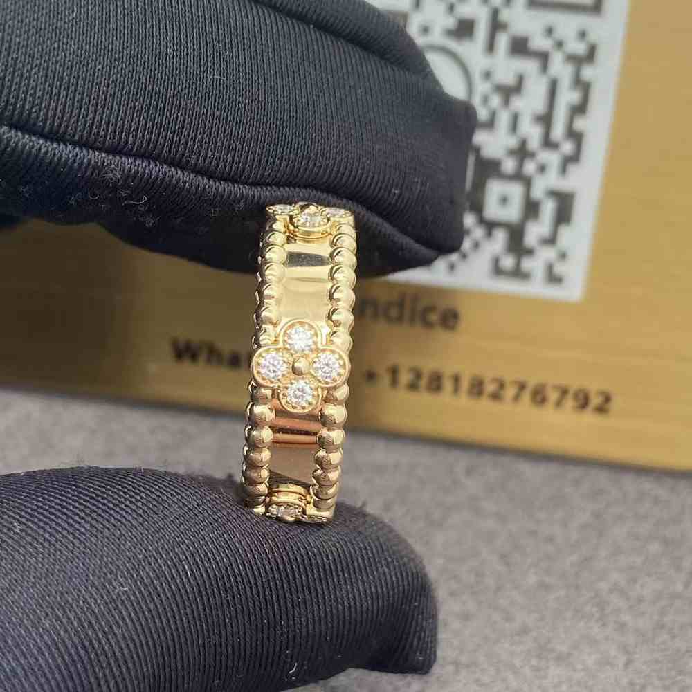 18K Yellow Gold Van Cleef Arpels Diamond Perlee Sweet Clovers Ring (4) 18K Yellow Gold Van Cleef Arpels Diamond Perlee Sweet Clovers Ring