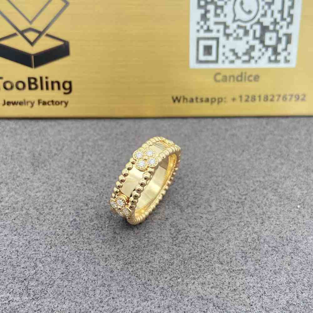18K Yellow Gold Van Cleef Arpels Diamond Perlee Sweet Clovers Ring 18K Yellow Gold Van Cleef Arpels Diamond Perlee Sweet Clovers Ring